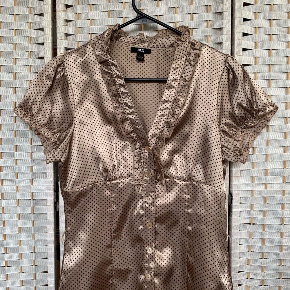 Early 2000s y2k Romantic BCX Women's Ruffle Polka Dot Blouse - Tan